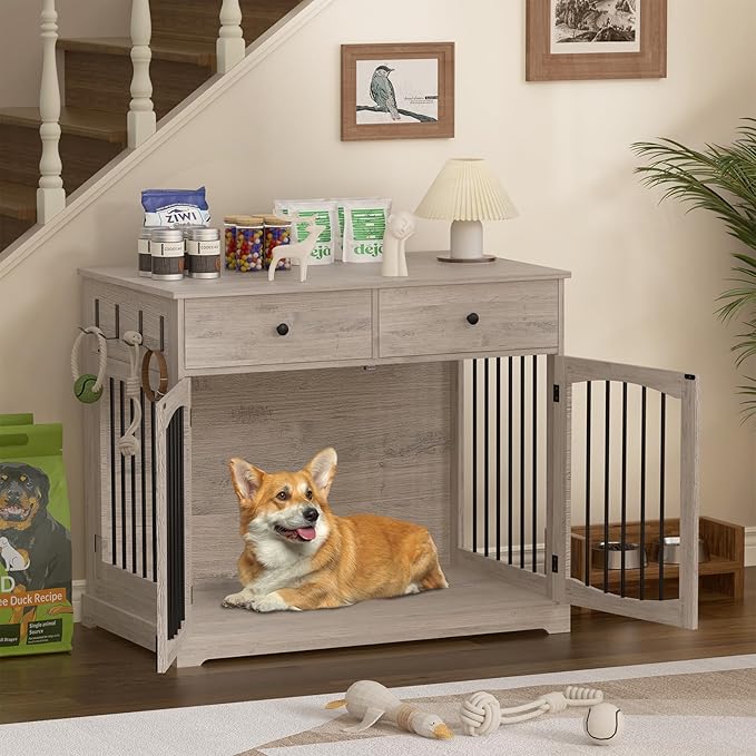 40 Inch Furniture-Style Dog Crate-Multipurpose Wood Pet Crate Furniture with Double Doors,2 Drawers, Decorative Dog House Indoor for Smal/Medium Dogs, Gray Finish-PawvioPets