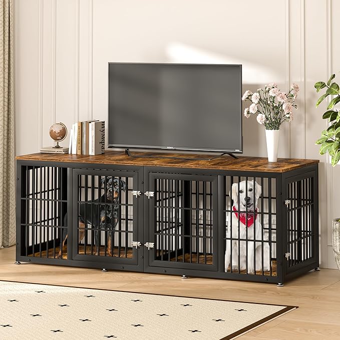 78 Inch Double Dog Crate Furniture, Heavy Duty Extra Large Cage Furniture with Divider for 2 Dogs, Decorative Wooden Kennel Furniture Indoor, Metal Pet House for Large and Medium Dogs-PawvioPets