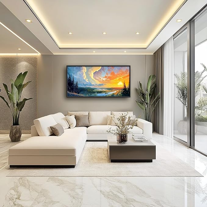 Framed Large Sunrise Wall Art for Living Room, Oversized Sunrise Wall Decor Forest Lake Landscape Canvas Print Natural Picture Home Decoration for Bedroom Living Room Office 60"x30"-PawvioPets