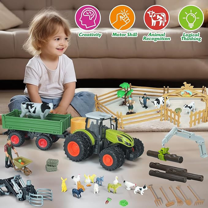 46Pcs Farm Toys, Tractor Toy w/Lights & Sound, Farm Animals Toys for 3 4 5 6 7 8+ Year Old Toddler Girls Boys Kid, Figures Farmer Vehicle Truck Fence Farm Playset Educational Learning Toys-PawvioPets