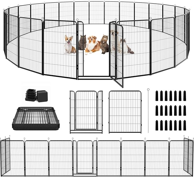 Dog Playpen Outdoor Extra Wide 24 Panels Heavy Duty Dog Fence 47" Height Anti-Rust with Doors Portable for RV Camping Yard, Total 63FT, 316 Sq.ft, Snowy Black-PawvioPets