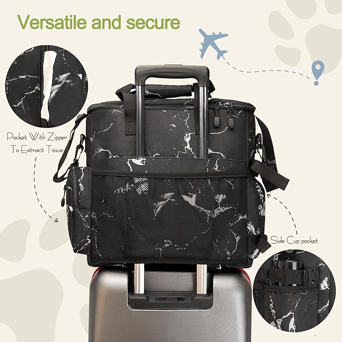 Dog Travel Bag,Weekend Pet Travel bag Set for Dog and Cat,Airline Approved Tote Multi-Function Dog Bags for Traveling,Include 2 Collapsible Bowls,2 Food Storage Containers,1 Feeding Mat,Marble-PawvioPets