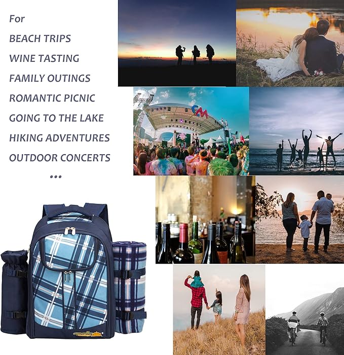 Apollo walker Picnic Backpack Set for 4 with Cooler Compartment,Detachable Bottle/Wine Holder Including Large Picnic Blanket(45"x 53") for Picnic Family and Lovers Gifts,Outdoor,BBQ Time (Blue)-PawvioPets