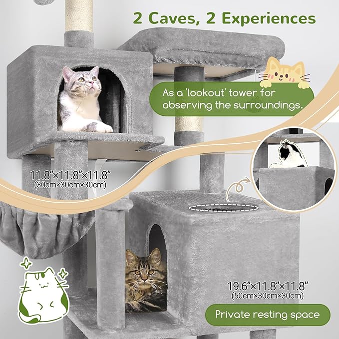 Globlazer Cat Tree Tower, 76-Inch Extra Tall Multi-Level Cat Furniture with Cozy Condos, Hammock and Perches for Adult Cats, Perfect for Climbing, Scratching, and Play, F76, Light Grey-PawvioPets
