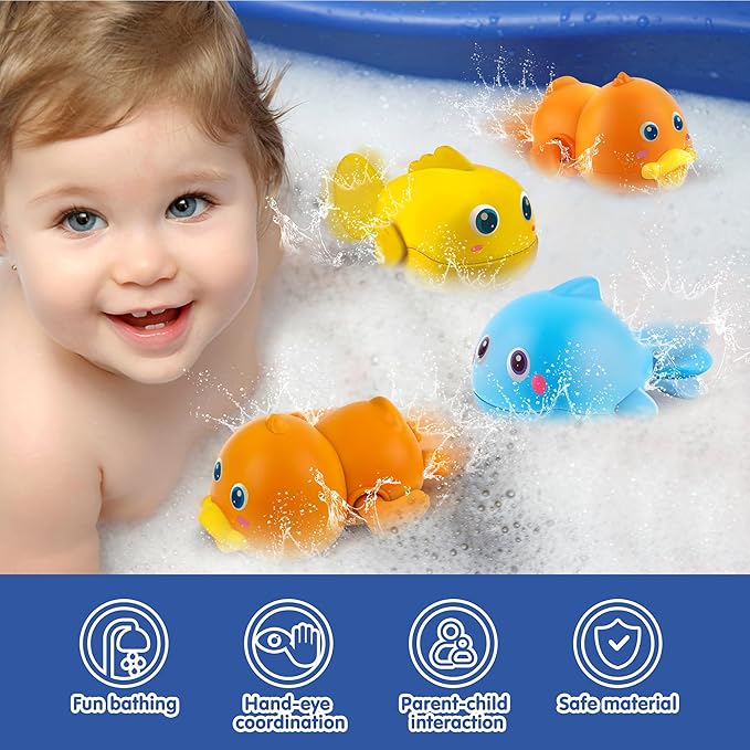 Dwi Dowellin Bath Toys for Toddlers, Magnetic Fishing Games Kids Bathtub Toys, Mold Free Wind-up Toys Swimming Fish Duck Whale Floating Water Toys for Kids Baby Infant-PawvioPets