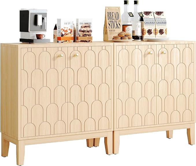 Farmhouse Storage Cabinet, Modern Buffet Sideboard with Doors, Fish Scale Pattern, Boho Cabinet for Dining Room, Natural, 2 Pieces-PawvioPets