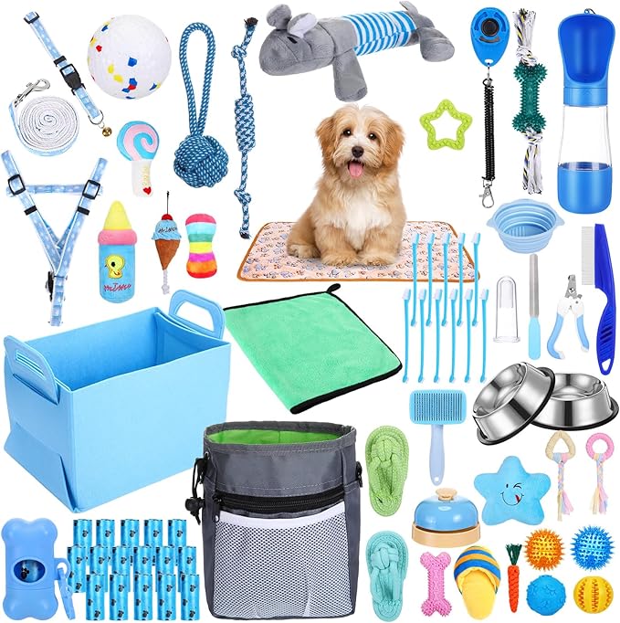 65 Pcs Puppy Supplies Starter Kit Small Dog Essentials Includes Dog Leash, Toys, Bowl, Brushes, Water Bottles, pet Blankets Puppy Accessories for New Welcome Gift Supplies(Cool,Blue)-PawvioPets