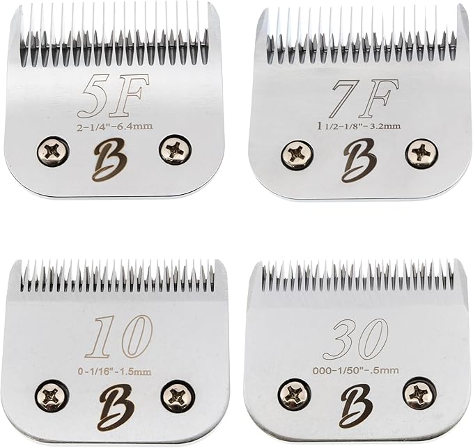 Detachable A Series 4 Pack ((10 or 1.5mm) ;(30 or 0.5mm); (5F or 6.4mm); (7F or 3.2mm)) Clipper Blade Dog Grooming Japanese Carbonized Steel Dog Grooming Blades for Dogs Horses Cats (4Pack)-PawvioPets