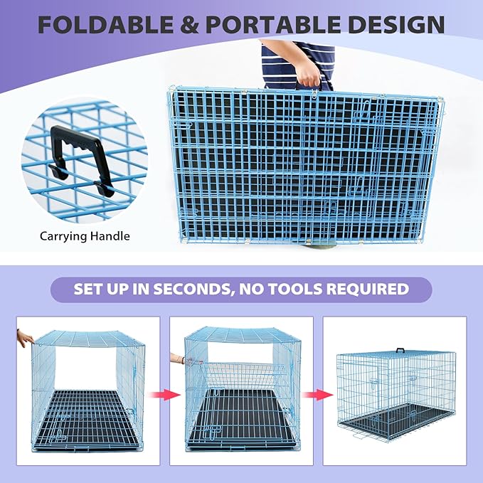 BestPet | Dog Crate | 48" | Blue | Foldable Metal Kennel with Double Doors, Secure Slide-Bolt Latches, Leakproof Tray | Portable Dog Cage for Large Breeds | for Travel, Indoor & Outdoor Use-PawvioPets