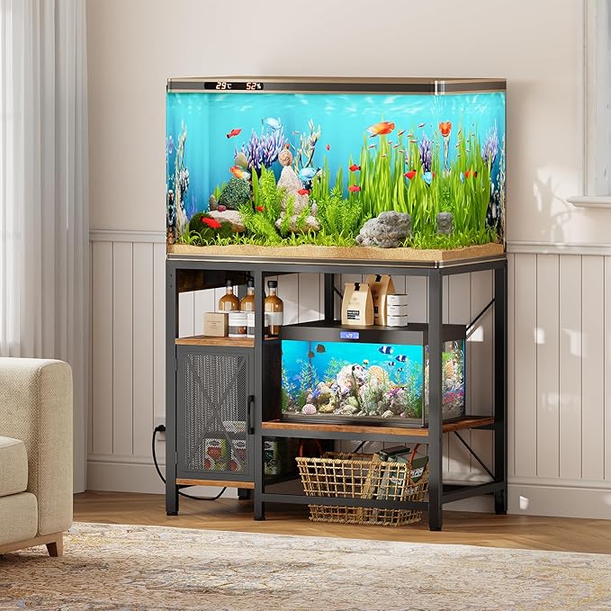 40-50 Gallon Fish Tank Stand, Aquarium Stand with Power Outlet and Storage Cabinet, Heavy Duty Tank Stand Suitable for Turtle Tank, Reptile Terrarium, for Home Office, Rustic Brown FTHR50E01-PawvioPets