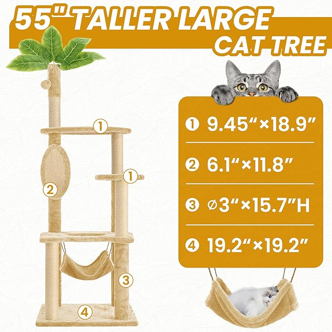 55 Inch Large Cat Tree Tower for Indoor Cats with Hammock Green Leaves Sisal Scratching Post, Plush Hang Ball Play Furniture for Kittens & Adult Cats, New Beige-PawvioPets