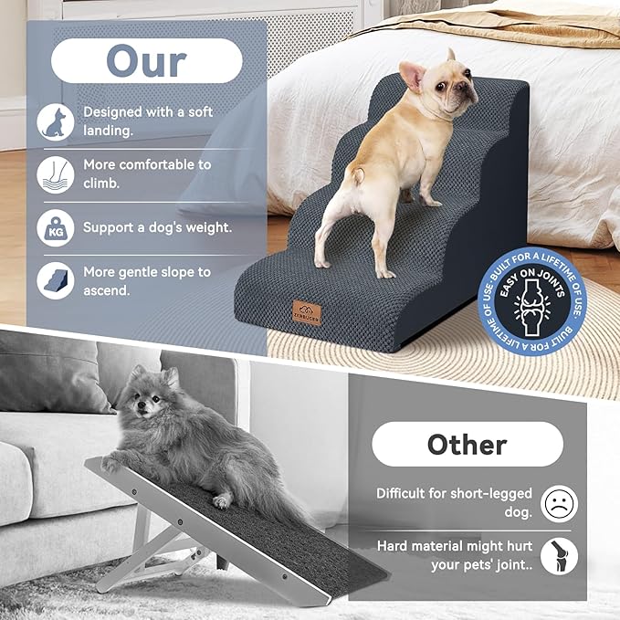 Dog Ramp and Stair for Bed 16" H-20 H,3-Step Cat Stair for Sofa and Chair,4-Step Dog Ramp for High Bed and Window,Durable Nonslip Fabric Cover for Indoor (Dark Grey-20 H, Pet Friendly, 4)-PawvioPets
