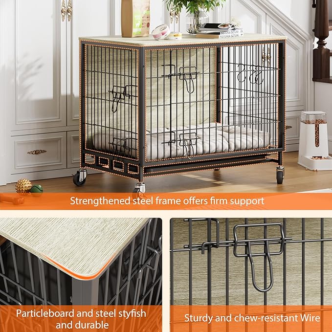 Dog Crate Furniture, 32.5" Wooden Dog Crate Furniture Side End Table, Indoor Kennel with Double Doors, Dog Crates for Medium Dogs, Grey-PawvioPets