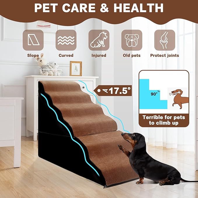 Dog Steps for High Beds 30-32" H - 6-Step Dog Stairs for Small Dogs, 33D Foam Pet Steps for High Bed with Non-Slip Bottom and Washable Cover, Dogs Ramp for Bed Indoor, Brown-PawvioPets