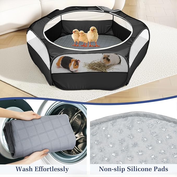 2-in-1 Small Animals Playpen with Pad, Waterproof Small Pet Cage Tent with Reusable Pad, Portable Outdoor Yard Fence with 3 Metal Rod for Chick/Kitten/Puppy/Guinea Pig/Rabbits/Chinchillas, Black-PawvioPets