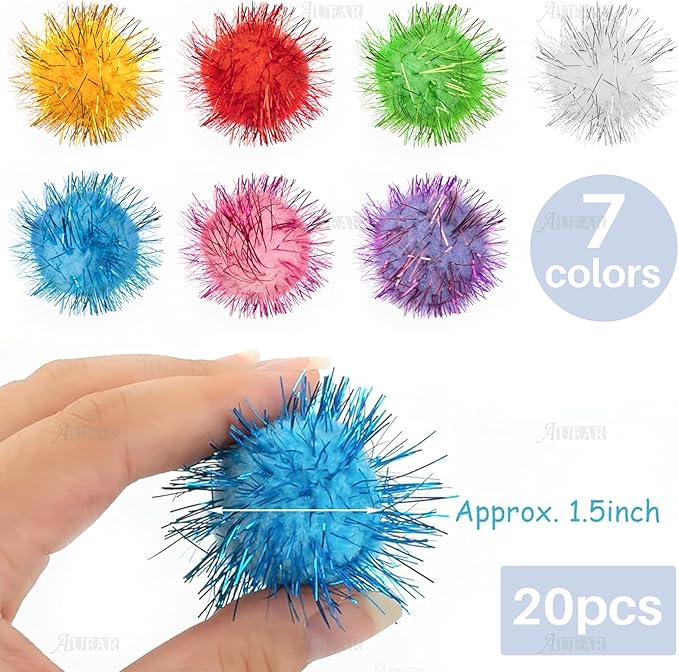 AUEAR, 20 Pack Sparkle Balls 1.5 Inches Tinsel Poms for Cats Pets Assorted Colors-PawvioPets