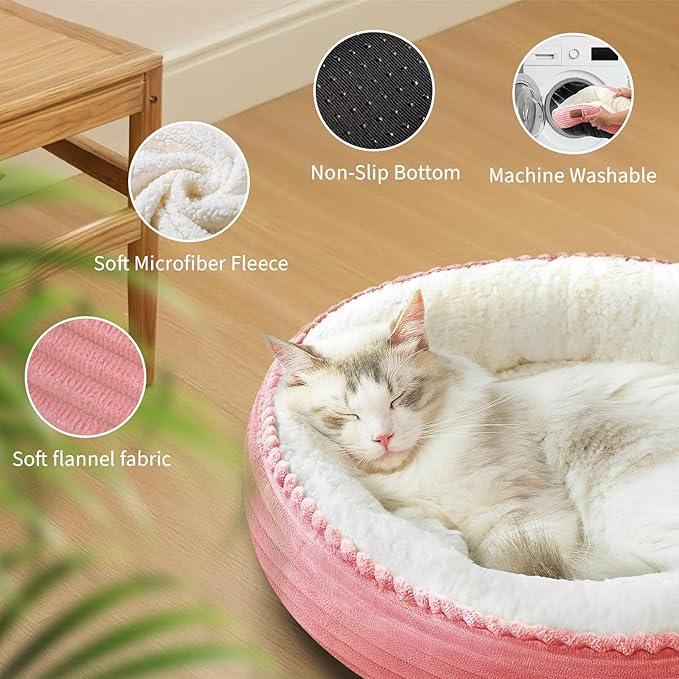 23in Pink Round Cat Dog Bed for Large Medium Small Dogs Cats, Machine Washable Sleeping Sofa, Non-Slip Bottom Breathable Soft Calming Pet Cuddler for Indoor/Outdoor/Car/Cage-PawvioPets
