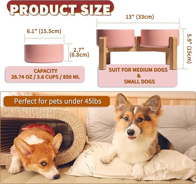 Elevated Ceramic Dog Bowl Set - Raised Dog Bowls with Non-Slip Bamboo Stand - Dog Food and Water Bowl Set - Double Dog Feeding Bowls - Suitable for Small and Medium Dogs - 28.74 OZ - 3.6 CUPS - 850 ML-PawvioPets