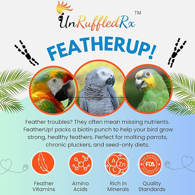 FeatherUp! Bird Vitamins with Biotin for Beautiful Plumage - Feather Growth Supplements for Parrots - 90 gm - 240 Servings-PawvioPets