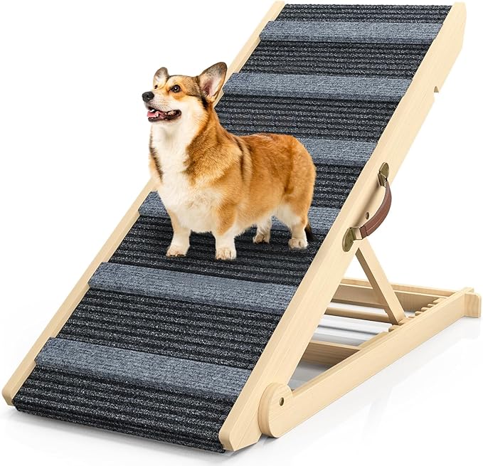 Dog Ramp for Bed, 6 Adjustable Height from 13.8" to 25.6", Folding Portable Wooden Pet Ramp for Small Dogs - Non-Slip High Traction Dog Ramp for High Bed Couch and Car Up to 200lbs-PawvioPets