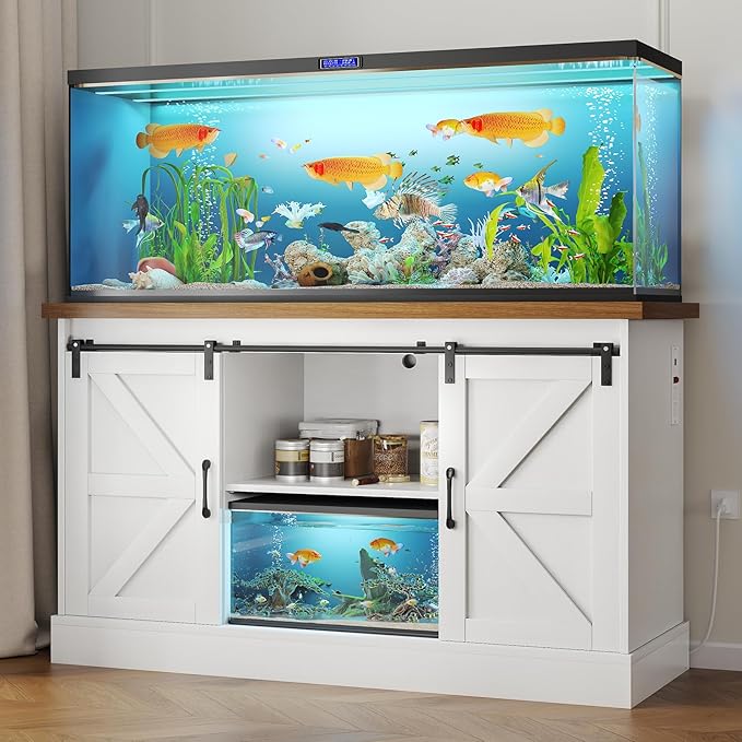 55-75 Gallon Fish Tank Stand with Sliding Barn Doors & Power Outlet, Heavy Duty Aquarium Stand with Cabinet Storage for Fish Tank, Turtle Tank, Reptile Terrarium, 1000LBS Capacity, White-PawvioPets