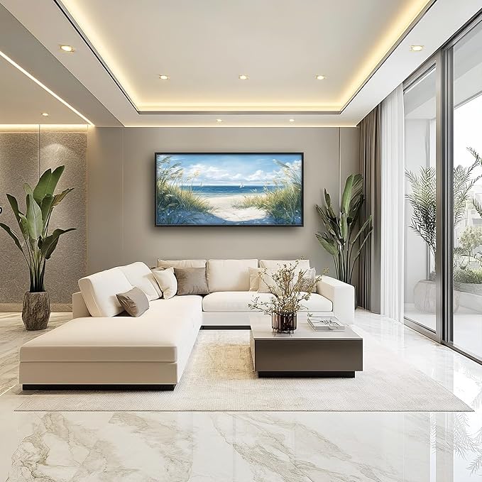 Framed Large Beach Wall Art for Living Room, Oversized Coastal Nautical Wall Decor Sailboat Canvas Seaside Pictures Modern Artwork Home Decoration for Living Room Bedroom Office 60"x30"-PawvioPets