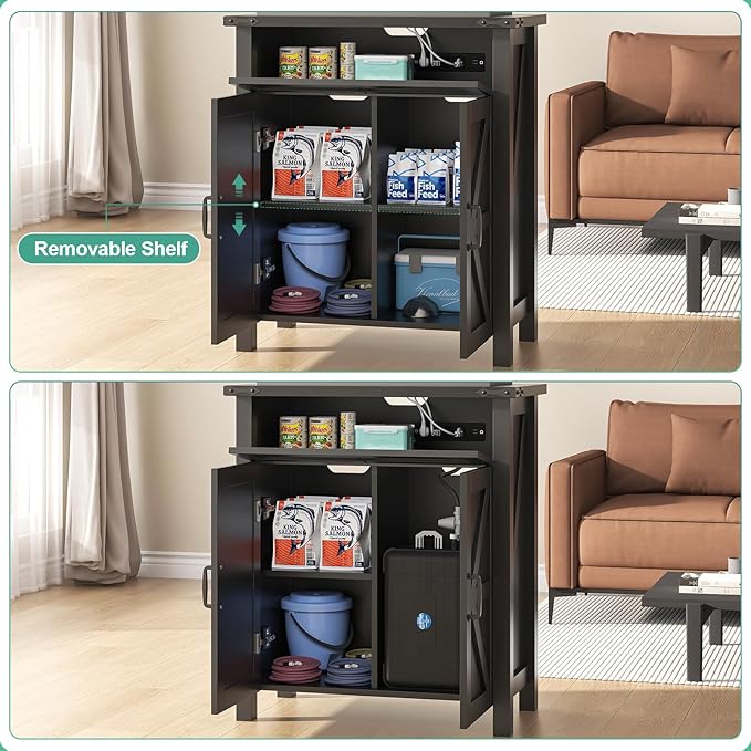 20 Gallon Aquarium Stand With Charging Station, Farmhouse Fish Tank Stand, Reptile Tank Stand Terrarium Stand with Drawer and Cabinet Storage, Sturdy Heavy Duty 27.6"×15.7" Tabletop - Black-PawvioPets