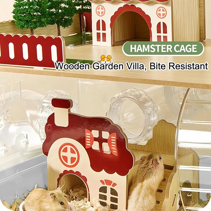 17 in 1 Clear Acrylic Hamster Cage with All Accessories,13.5''L* 10''W* 21''H Dwarf Hamster Cage,Magnetic Connection Small Hamster Enclosure,Garden Style Wooden Mouse Cage for Pet Mice(3-Layer,White)-PawvioPets