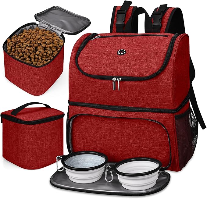 BAGLHER Pet Travel Bag, Double-Layer Pet Supplies Backpack (for All Pet Travel Supplies), Pet Travel Backpack with 2 Silicone Collapsible Bowls and 2 Food Baskets Red-PawvioPets