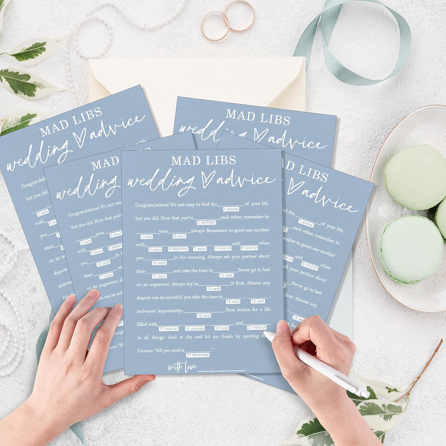 Wedding Advice Cards - Bdvice and Wishes for the Newlyweds Mr and Mrs Bride & Groom Perfect for Bridal Shower Wedding Games and Guest Book Alternative Pack of 25 Minimalist Blue 5x7 Inch Cards - B08