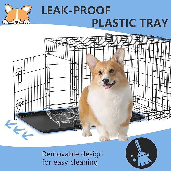 FDW 30 inch Dog Crate Dog Kennel Cage with Double Door Folding Metal Wire Dog Cage with Removable Tray&Divider Panel,Pet Crate for Medium Dogs,Black-PawvioPets