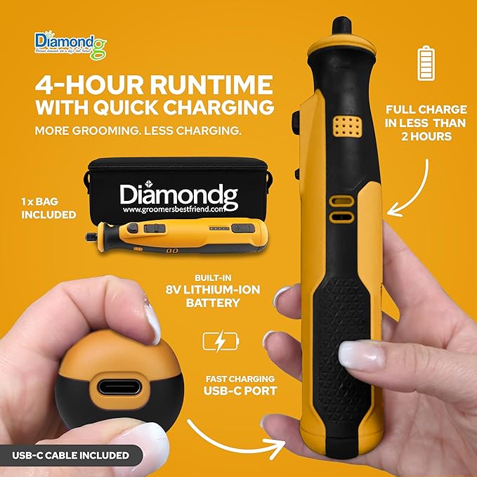 Diamondg Cordless Dog Nail Grinder with Quiet Sound & LED Tip for Large & Small Dogs, 4hrs. Runtime, 2 Bits Included, Orange-PawvioPets