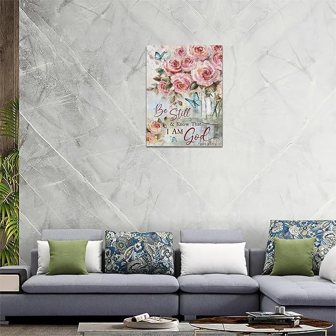 Farmhouse Rose Wall Art Christian Scripture Pictures Pink Rose Wall Decor Rustic Floral Butterfly Canvas Print Painting Artwork for Bathroom Living Room Bedroom 12"x16"-PawvioPets