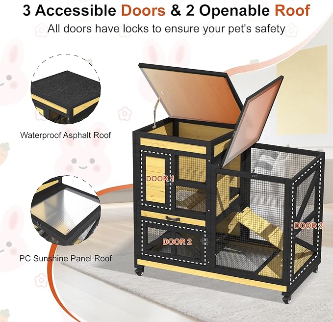 40'' Rabbit Cage Bunny Cage Indoor, Outdoor Rabbit Hutch for Small Animals, 2-Story Wooden Guinea Pig Cages with Wheels & 2 Deeper No Leak Trays, Waterproof Openable Roof & Bottom Wire Mesh-PawvioPets