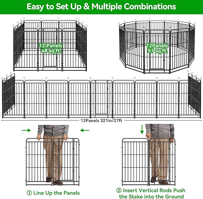 Dog Playpen Outdoor 12 Panels Heavy Duty Dog Fence 47" Height with Thick Pipe Anti-Rust with Doors Portable for RV Camping Yard, Total 27FT, 57 Sq.ft, Snowy Black-PawvioPets