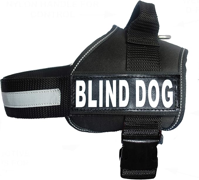 Doggie Stylz Blind Dog Vest Harness with Removable Patches and Reflective Trim. Comes with 2 Blind Dog Reflective Hook and Loop Patches. Measure Dogs Girth Before Purchase (Girth 30”- 42" Black)-PawvioPets