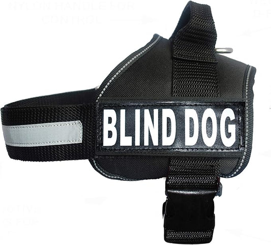 Doggie Stylz Blind Dog Vest Harness with Removable Patches and Reflective Trim. Comes with 2 Blind Dog Reflective Hook and Loop Patches. Measure Dogs Girth Before Purchase (Girth 30”- 42" Black)-PawvioPets