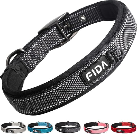 Fida Heavy Duty Dog Collar, Ultra Comfortable Soft Neoprene Padded, Adjustable Reflective Nylon Pet Collar with Durable Metal Belt Buckle for Large Breeds (L, Black)-PawvioPets