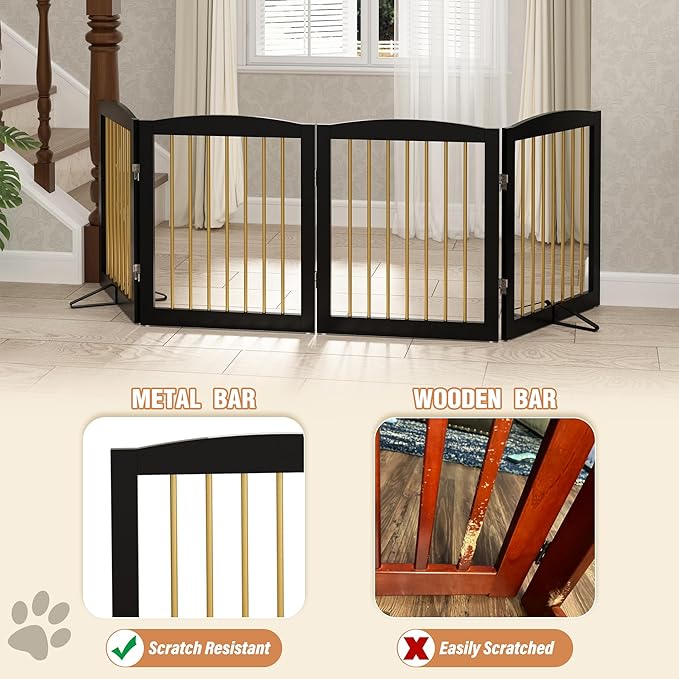 Freestanding Pet Gate for Dogs, Foldable Wooden Dog Gate for House, Indoor Dog Gate for Stairs, Doorways, Step Over Pet Puppy Safety Fence, 80 Inch Wide, 4 Panels 24", Black & Gold-PawvioPets