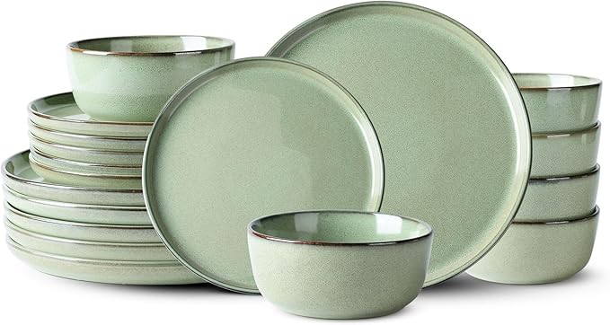 GBHOME Ceramic Dinnerware Sets for 6, 18 Pieces Stoneware Plates and Bowls Sets, Scratch Resistant Dishes, Dishwasher & Microwave Safe-Pastel Green-PawvioPets
