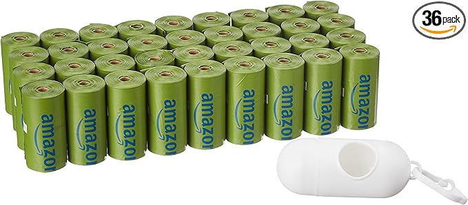 Amazon Basics Dog Poop Bags with Dispenser, 540 Count, Enhanced for Guaranteed Leakproof, Talcum Powder Scented, Includes Leash Clip-PawvioPets