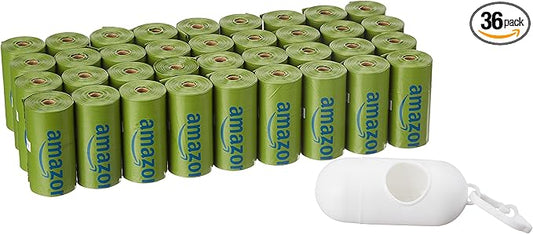 Amazon Basics Dog Poop Bags with Dispenser, 540 Count, Enhanced for Guaranteed Leakproof, Talcum Powder Scented, Includes Leash Clip-PawvioPets