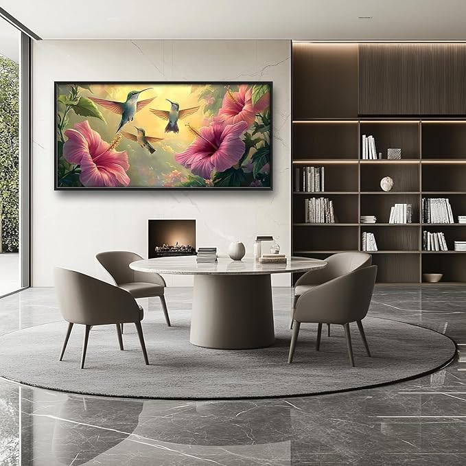 Framed Large Hummingbird Wall Art for Living Room, Oversized Rustic Bird Flower Wall Decor Floral Canvas Painting Nature Sunrise Pictures Modern Artwork for Bedroom Office Dinging Room 60"x30"-PawvioPets