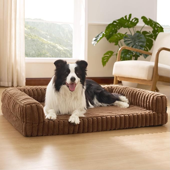 Bedsure Orthopedic Dog Beds Large Sized Dog, Waterproof Memory Foam Pet Bed with Sides, Non-Slip Bottom and Egg-Crate Foam Large Pet Couch Sofa with Washable Removable Corduroy Cover, Brown-PawvioPets