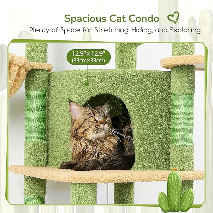 Globlazer Cactus Corner Cat Tree Tower with Scratching Post for Indoor Cats, 51in Multi-Level Cat Condo Tower with Large Hammock, Fan-Shaped Padded Perch, Spacious Cat Cave, Hanging Basket, C51, Green-PawvioPets