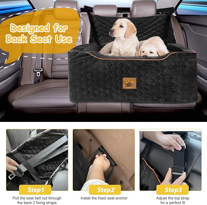 Dog Car Seat for Medium/Large Dogs, Washable Dog Booster Seat Under 60 lbs or 2 Small Dogs, Multi-Functional Pet Car Seat with Thick Cushion, 2 Safety Leashes (Black)-PawvioPets