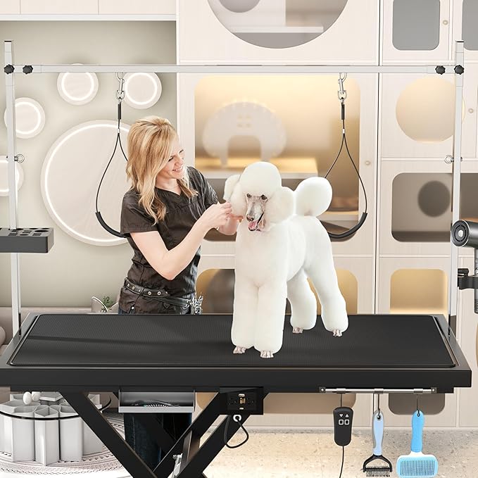 Electric Pet Grooming Table for Large Dogs - Professional Heavy Duty Height Adjustable Pet Grooming Station with Anti Slip Tabletop, Two Nooses & Tool Organizer, Maximum Capacity Up to 250 lbs Black-PawvioPets