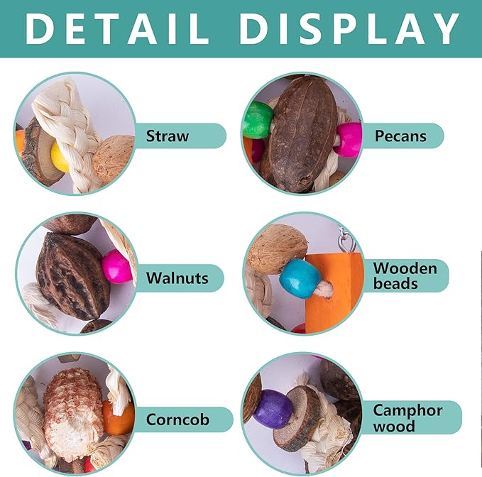Deloky Large Parrot Bird Chewing Toys, Natural Nuts Corn Parrot Tearing Toy, Wooden Bird Cage Toy for African Grey, Macaws Cokatoos, Amazon Parrots and Other Large Birds-PawvioPets