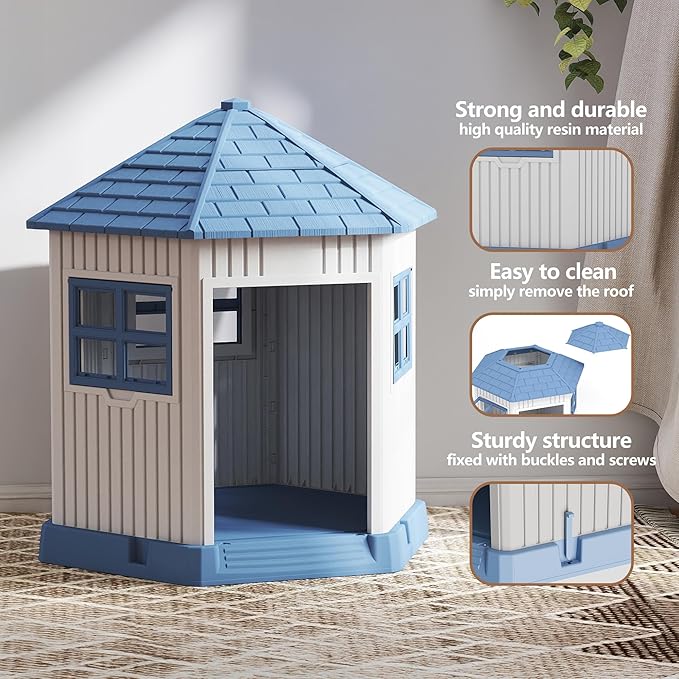 DRATO Dog House Indoor Outdoor Durable Large Dog Shelter with Outside Dog Kennel with Window and Elevated Floor for Small Medium Dogs (Blue, 34.8 * 30.51 * 36.89)-PawvioPets