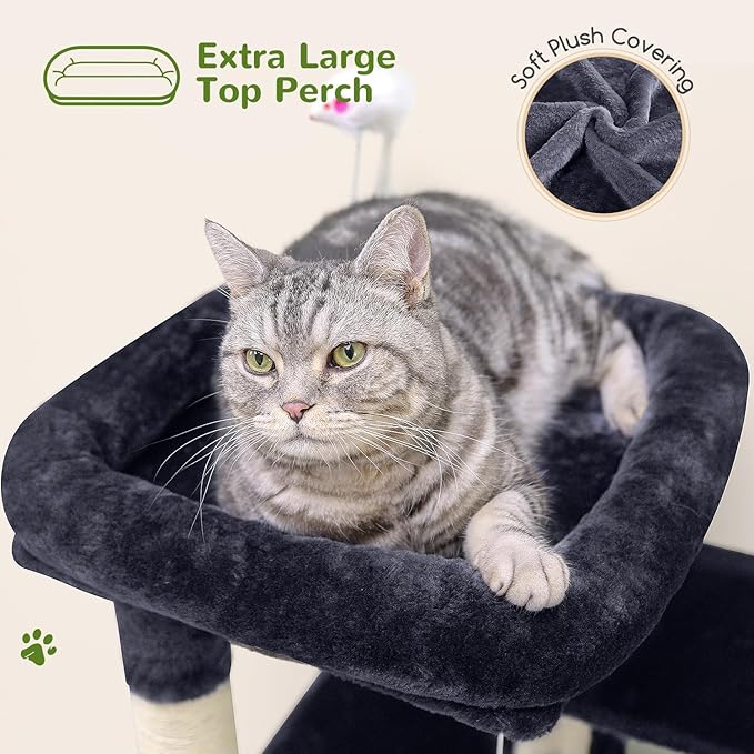 Globlazer Cat Tree Tower for Indoor Cats, 50-inch Adult Cat Tree House for Large Adult Cats with Steps, Scratching Post, 2 Cat Caves, Dangling Toys, FC50, Dark Grey-PawvioPets